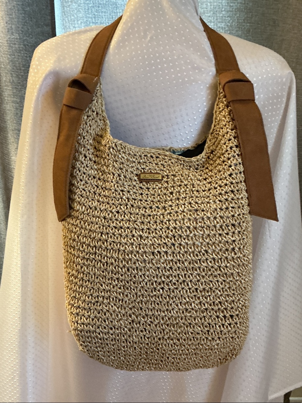 Sunday Natural Beige Woven Shoulder Bag with Brown Straps